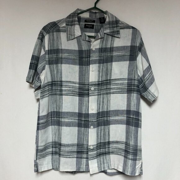 Haggar Men's Linen Plaid Grey & White Short Sleeve Button Down Shirt Size M - Picture 1 of 9
